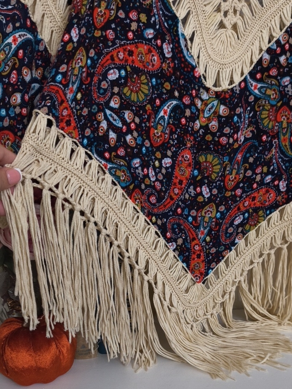 Crochet-Trim Paisley Fringe Women's Boho Western Festival Xl Concert - Picture 4 of 5